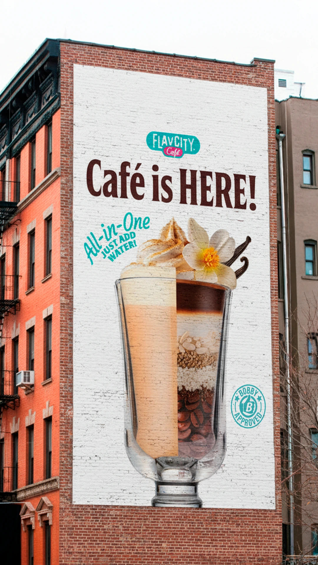 FlavCity Cafe brick wall mural